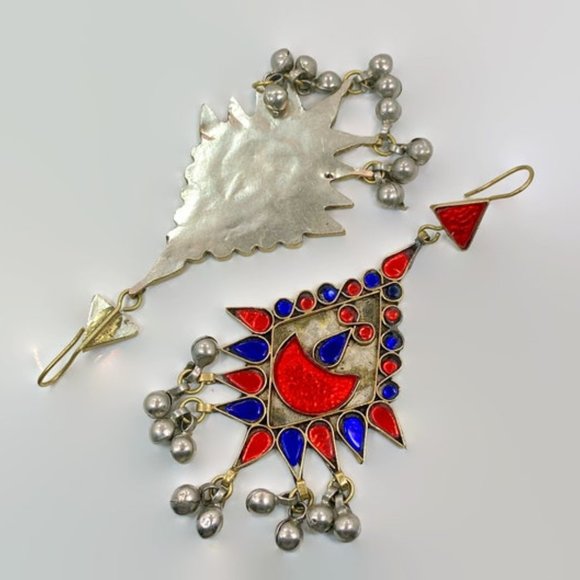 Red Earrings, Cobalt Blue, Massive, Boho, Vintage, Middle Eastern, Jewel - Picture 3 of 3
